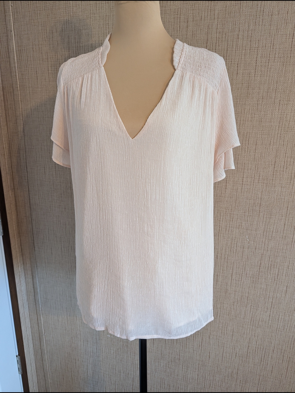 Flutter-Sleeve V-Neck Blouse in Light Pink